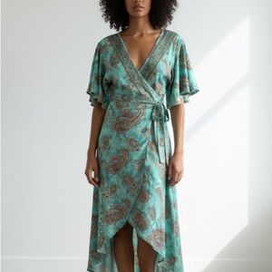 Lemonwood turquoise paisley print silk wrap midi dress - size Small / Medium